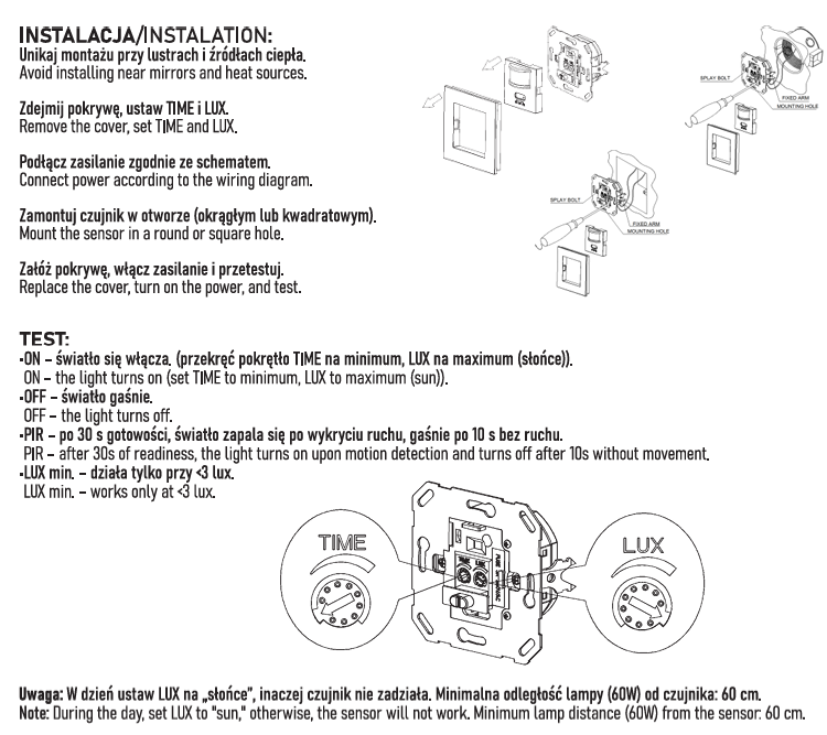 Włącznik ruchu PIR sposób montażu i regulacji