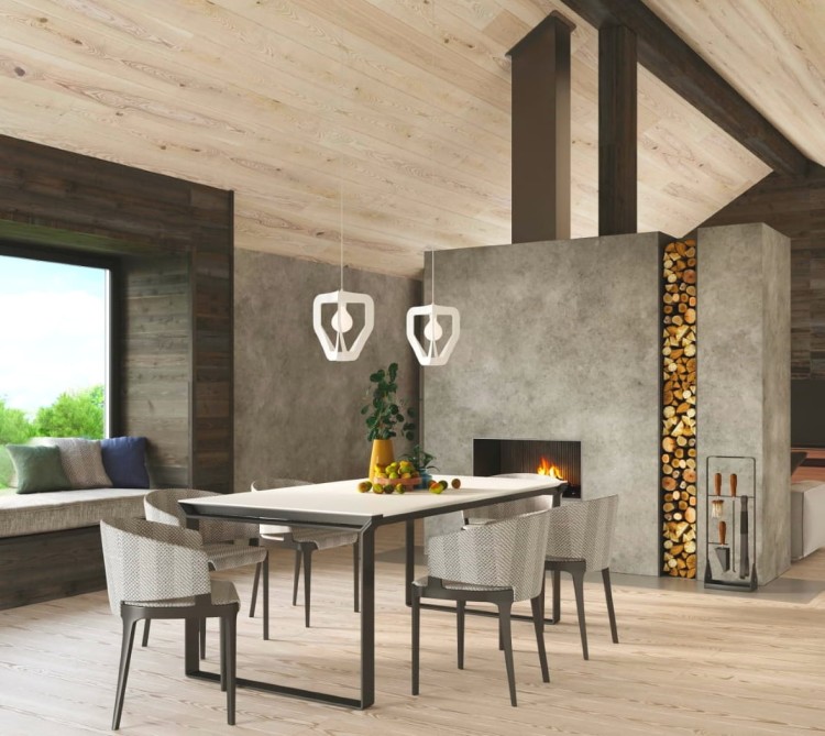 Lampa wisząca TRES biała w salonie z kominkiem