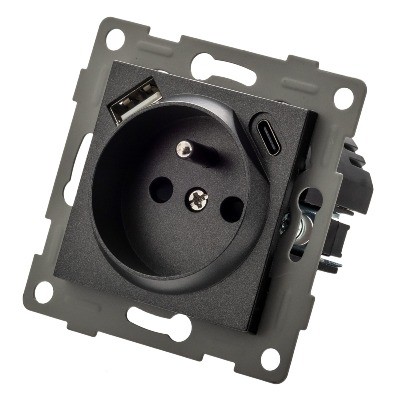 Gniazdko elektryczne pojedyncze czarne z portami USB-C i USB-A