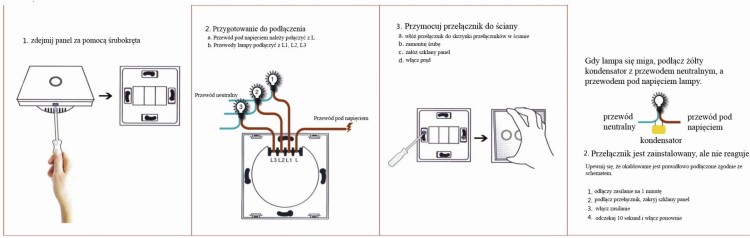 Włącznik LED Dotykowy Potrójny Szklany Biały sposób montażu