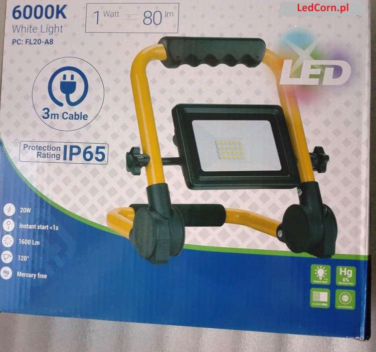 Naświetlacz Led 20W1600lm CW Przenośny + Kabel-etykieta